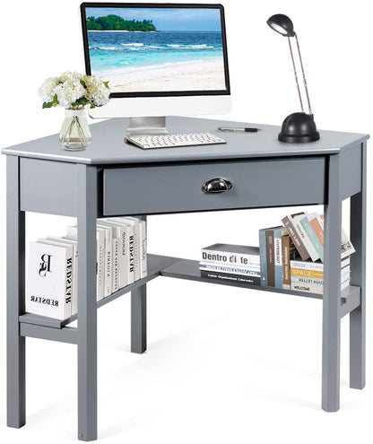 Computer Corner Desk, Wood Compact Home Office Writing Workstation with Drawer and Shelves