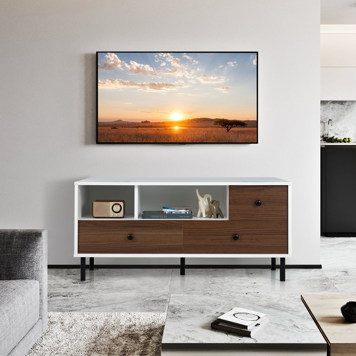 TV Stand for TV up to 50 Inch, Modern Entertainment Center with 3 Drawers & 2 Open Storage Shelves