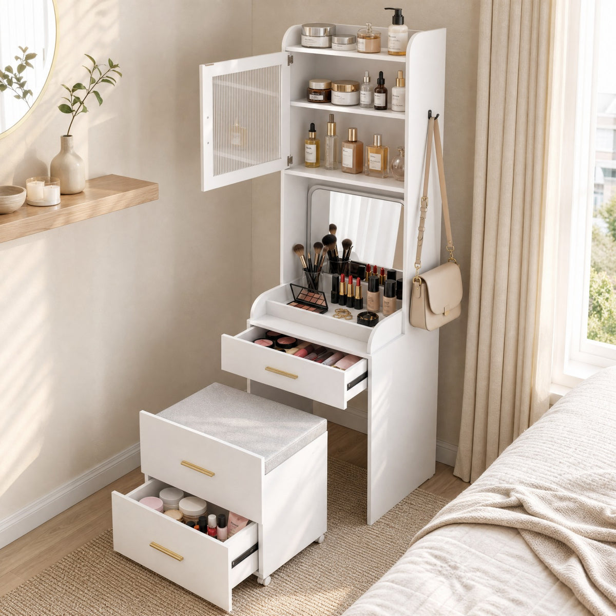 3-in-1 Vanity Desk with Flip Top Mirror, Hidden Rolling Chair, Charging Station
