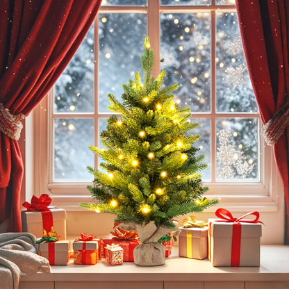 2FT Pre-Lit Artificial Mini Christmas Tree, Small Tabletop Xmas Fir Tree with 234 Branch Tips