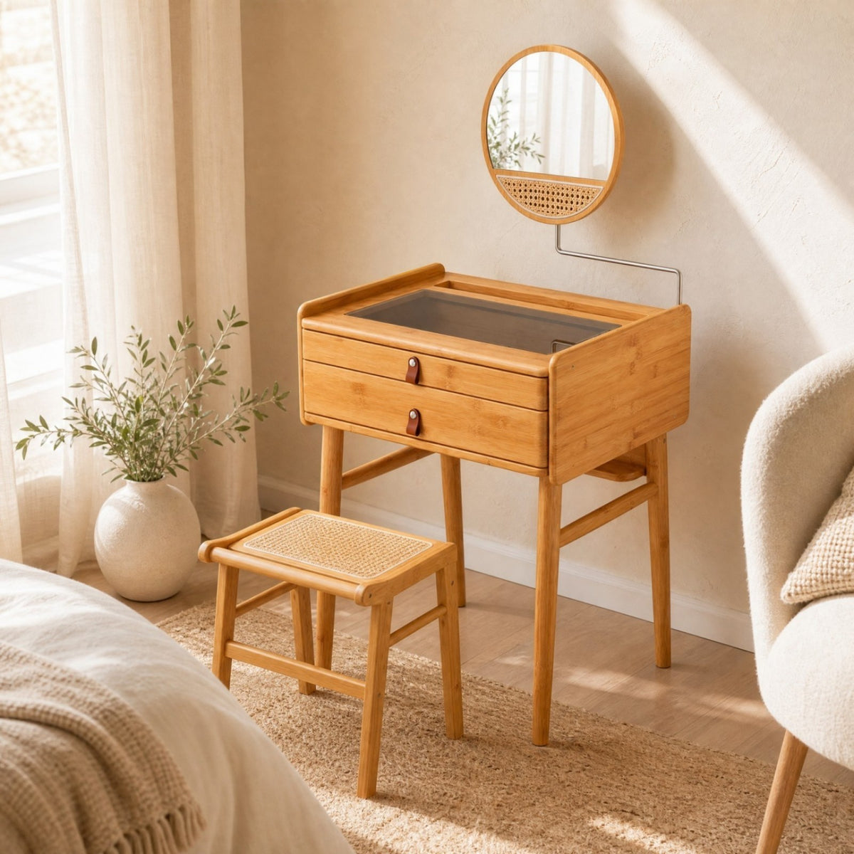 Makeup Vanity Table with Mirror, Bamboo Dressing Table with 2 Storage Drawers and Tempered Glass Table Top