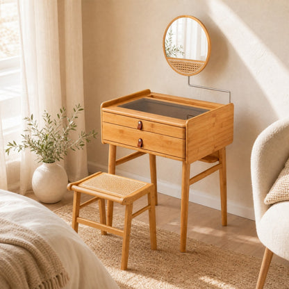 Makeup Vanity Table with Mirror, Bamboo Dressing Table with 2 Storage Drawers and Tempered Glass Table Top
