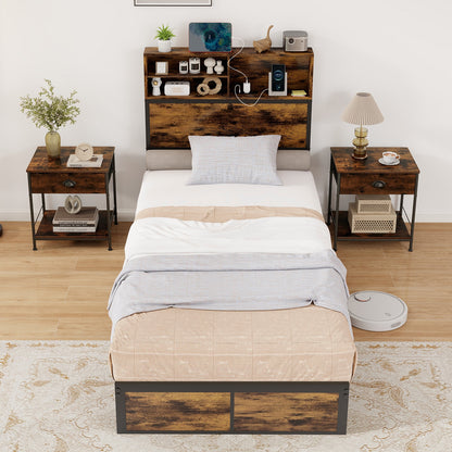 Full Size Bed Frame with Storage Headboard, Metal Platform Bed Base with Charging Station & Under Bed Storage