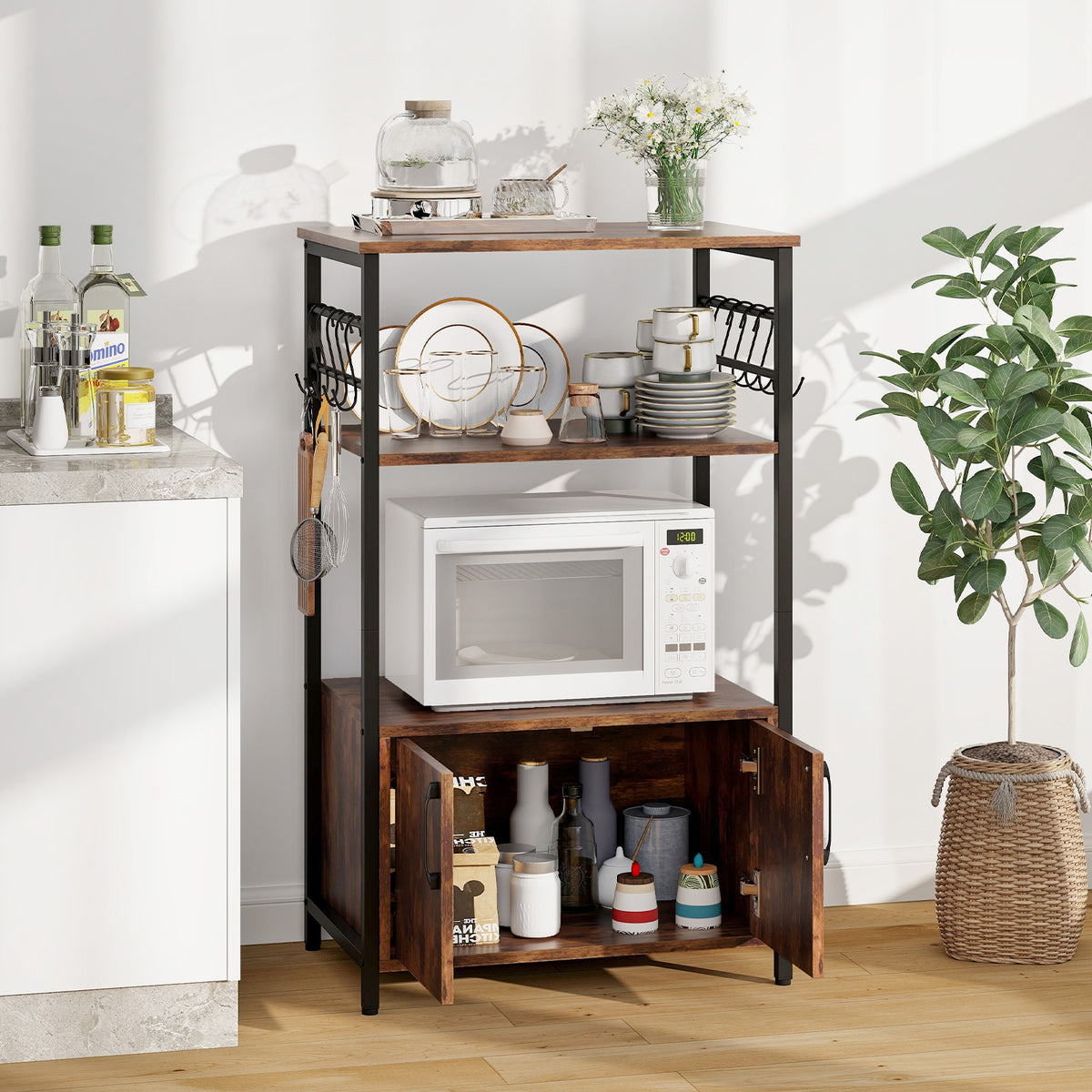 Kitchen Baker's Rack with Cabinet, 3-Tier Pantry Cabinet with 2 Open Shelves