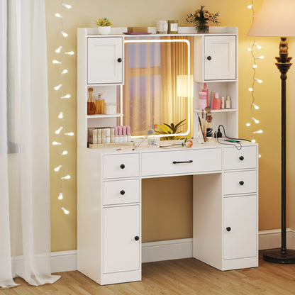 Makeup Vanity Desk with Mirror and Lights, Dressing Table with Charging Station