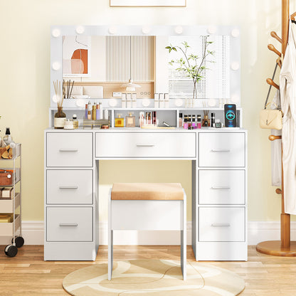 Makeup Vanity Set with Mirror and Lights, Large Dressing Table Set with Charging Station