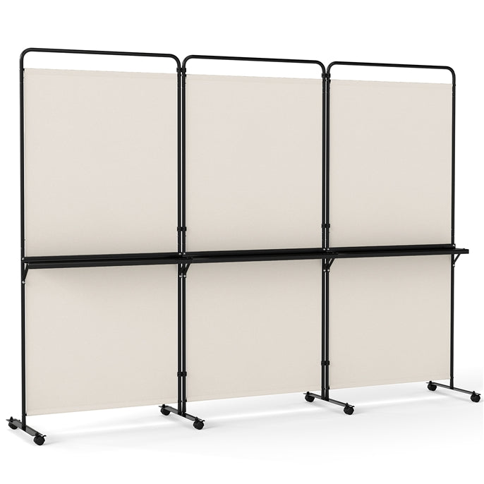 3 Panel Room Divider with Storage Shelves, 6FT Folding Privacy Screen with Lockable Wheels