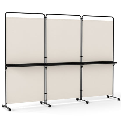 3 Panel Room Divider with Storage Shelves, 6FT Folding Privacy Screen with Lockable Wheels