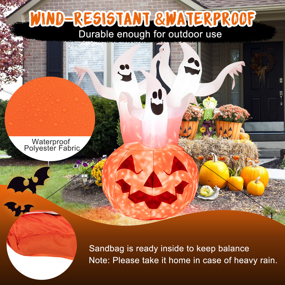 6FT Halloween Inflatable 3 Ghosts in Pumpkin, Blow Up Yard Decoration with Built-in LED Lights & Blower