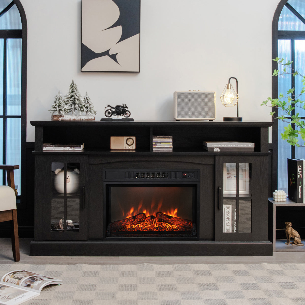 58" TV Stand with Electric Fireplace Insert, Fireplace Entertainment Center with Side Cabinets & Adjustable Shelves