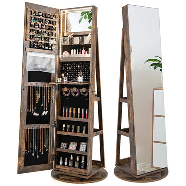 360° Rotating Jewelry Cabinet with Full-Length Mirror, Freestanding Jewelry Armoire with 3-Color LED Light and Back Storage Shelf