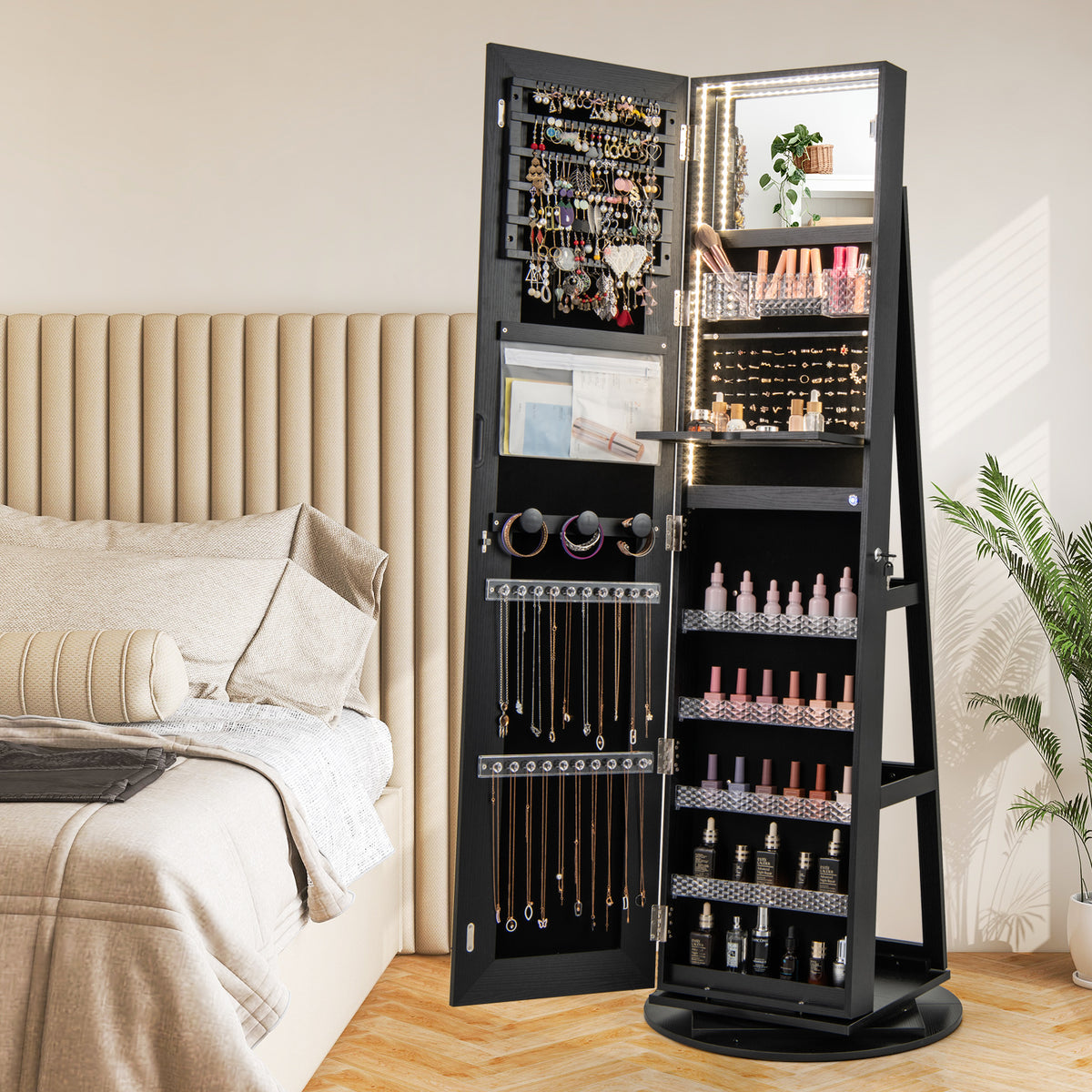 360° Swivel Jewelry Cabinet Armoire with Full Length Mirror, Standing Jewelry Storage Organizer with Rear Storage Shelves