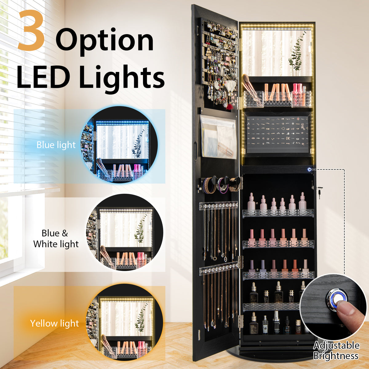 360° Swivel Jewelry Cabinet Armoire with Full Length Mirror, Standing Jewelry Storage Organizer with Rear Storage Shelves