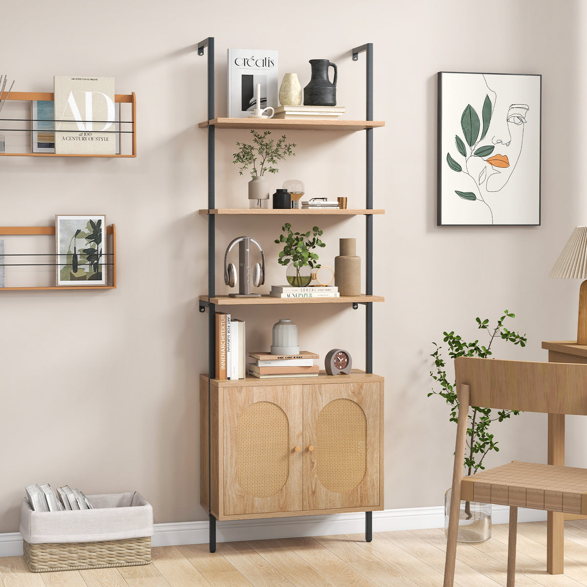 72.5'' Tall Bookshelf with Cabinet, 4-Tier Wall Mount Ladder Shelf with Rattan Cabinet