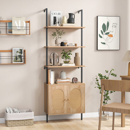 72.5'' Tall Bookshelf with Cabinet, 4-Tier Wall Mount Ladder Shelf with Rattan Cabinet