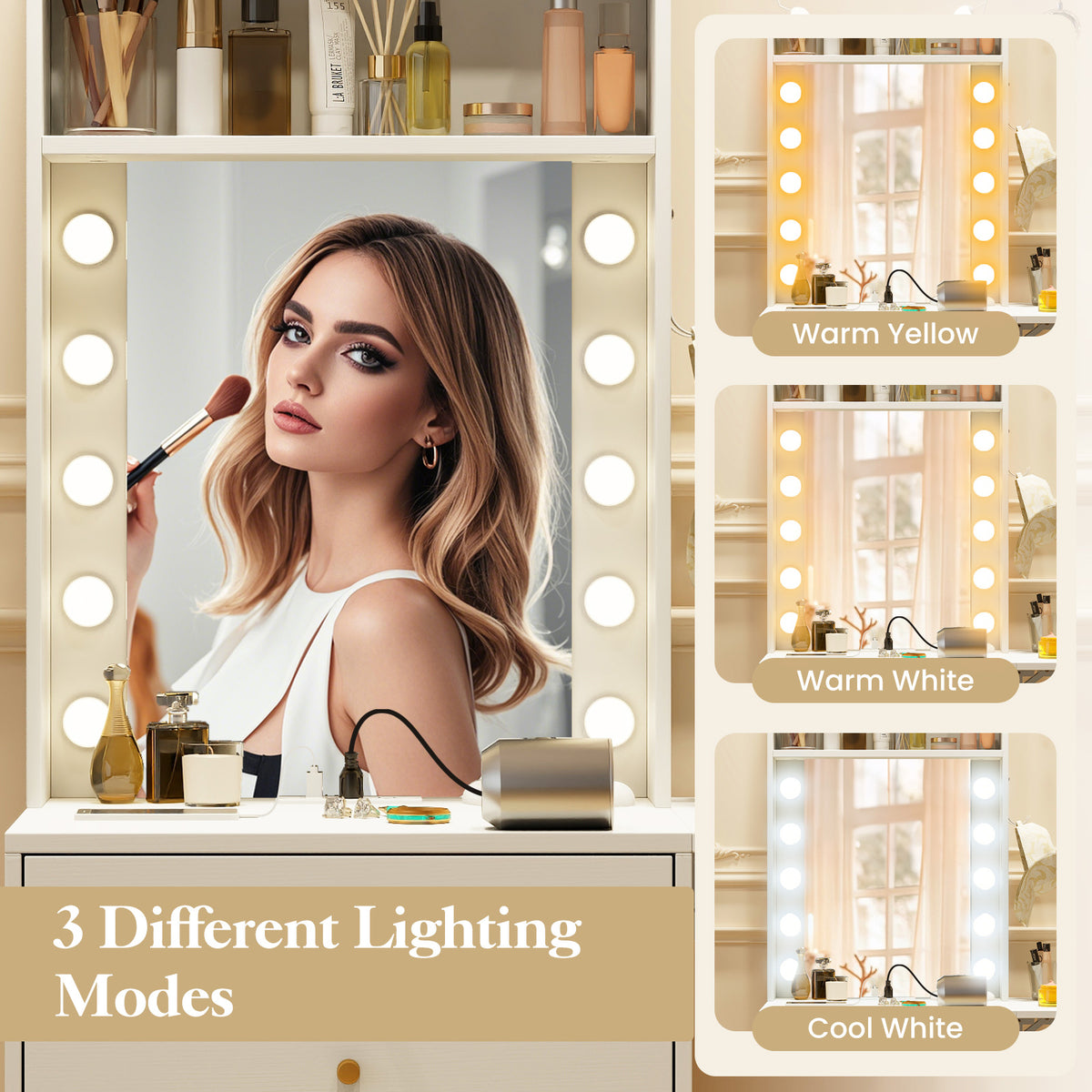 Small Makeup Vanity Set with Mirror and Lights, Modern Compact Vanity Desk Set with Charging Station