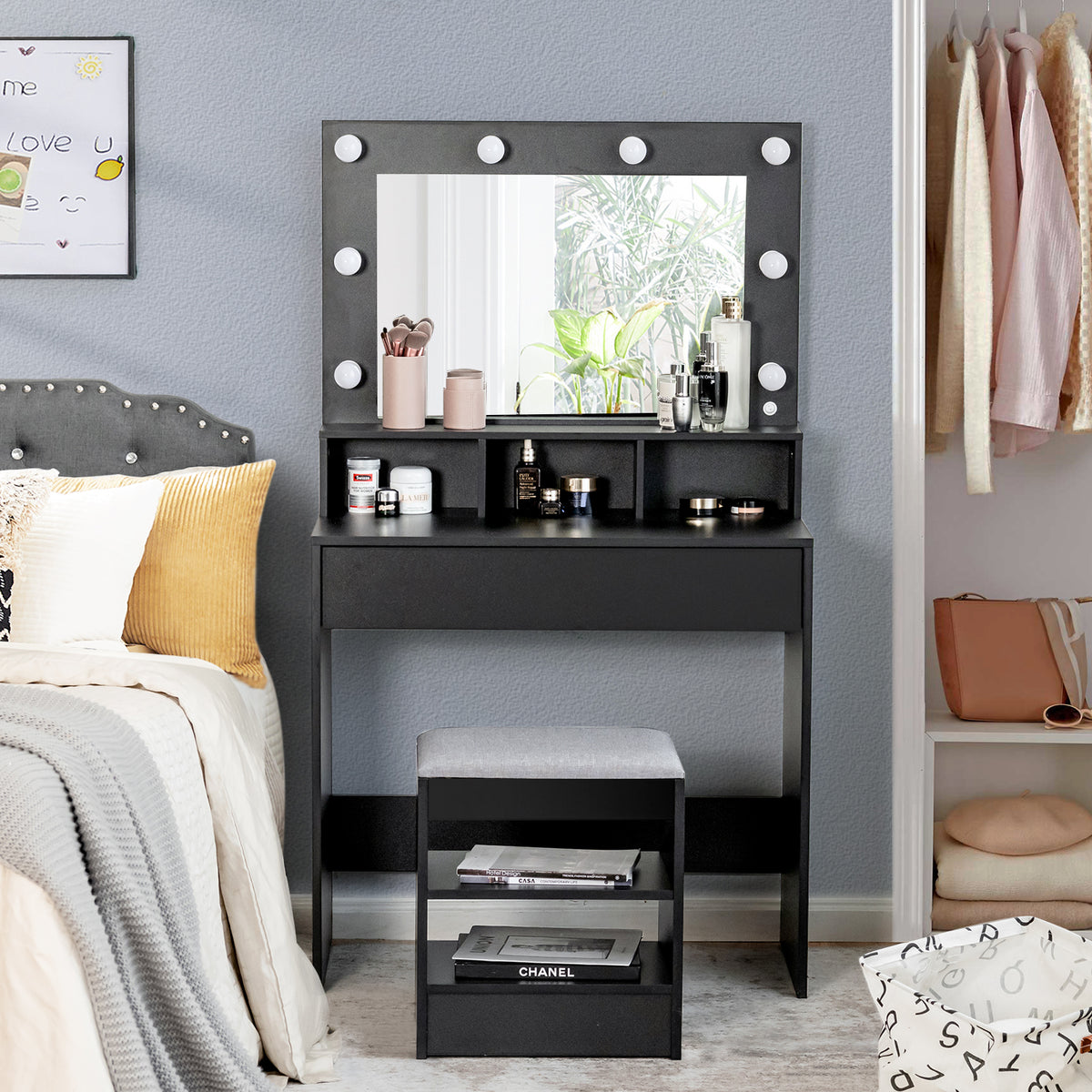Vanity Table Set with Lighted Mirror, Makeup Dressing Desk with LED Lights