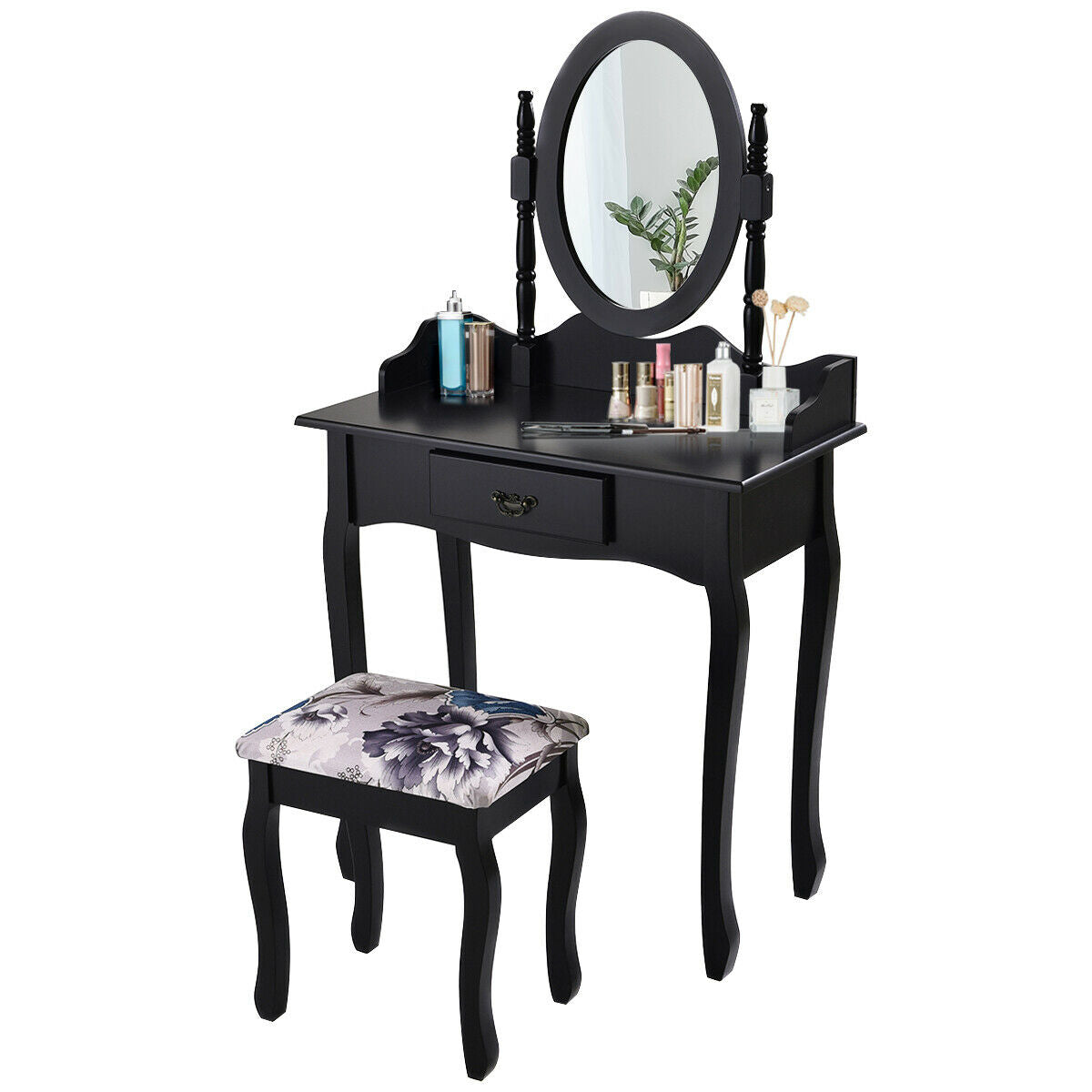 Vanity Table Set with Oval Mirror and Soft Cushioned Stool, Sturdy Wood Dressing Table with Drawers Storage Shelf