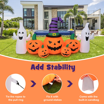 9FT Long Halloween Inflatable Pumpkin with 2 Ghosts, Blow up Yard Decoration with Built-in LED Lights