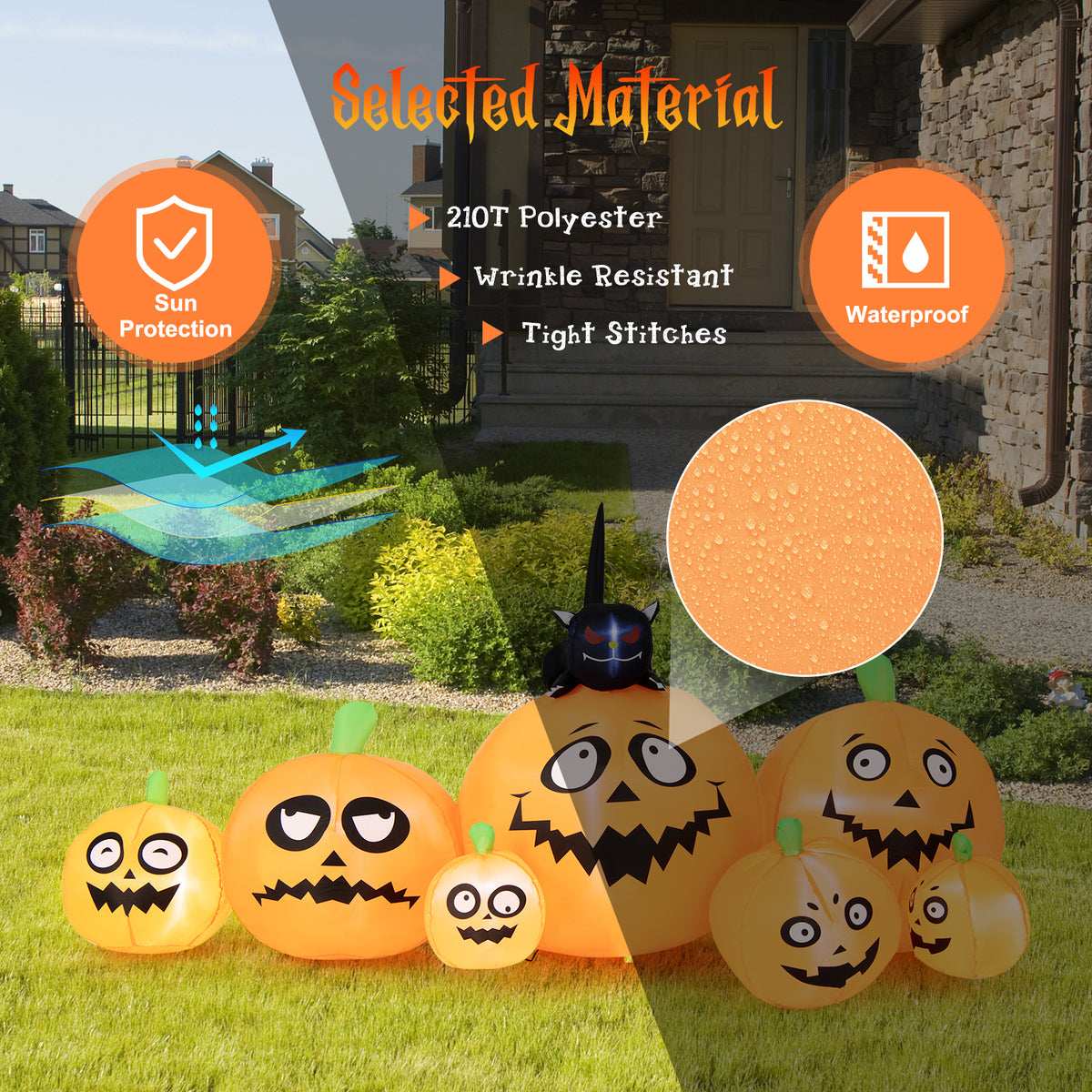8FT Long Halloween Inflatable Pumpkin, 4 Pumpkins Patch Halloween Decoration with Black Cat and Built-in LED Lights