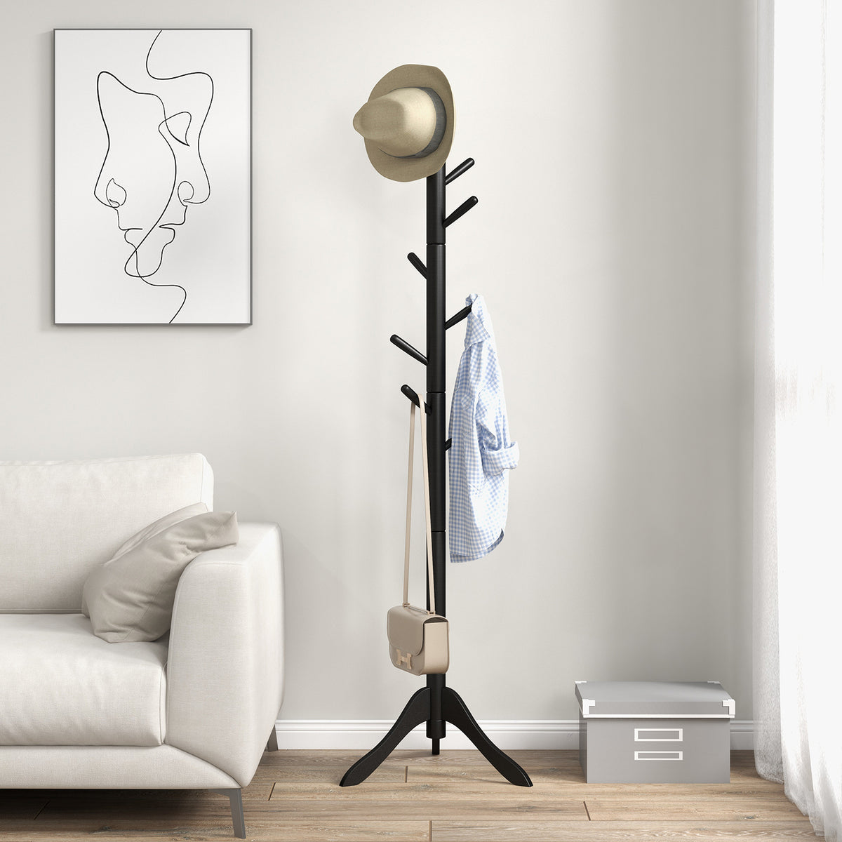 Coat Rack Freestanding, Wooden Entryway Coat Tree Hanger with 8 Hooks and 4 Sections