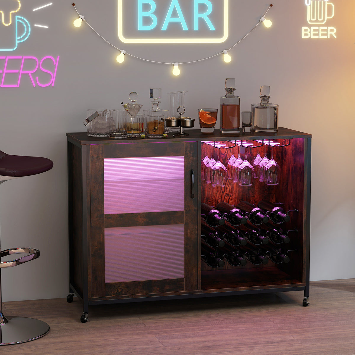 Wine Bar Cabinet with Wheels and LED Lights, Industrial Coffee Bar Cabinet for Liquor
