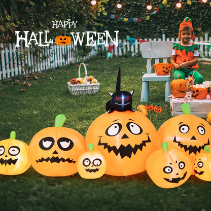 8FT Long Halloween Inflatable Pumpkin, 4 Pumpkins Patch Halloween Decoration with Black Cat and Built-in LED Lights