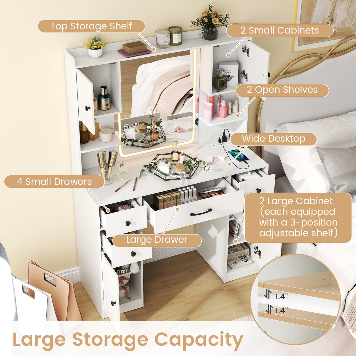 Makeup Vanity Desk with Mirror and Lights, Dressing Table with Charging Station