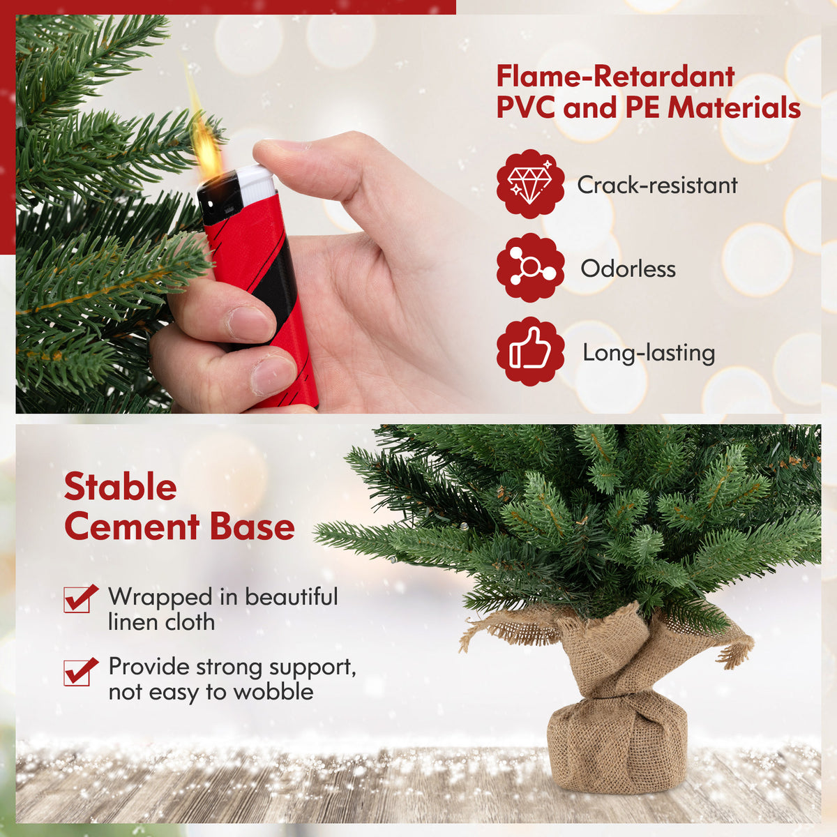 2FT Pre-Lit Artificial Mini Christmas Tree, Small Tabletop Xmas Fir Tree with 234 Branch Tips