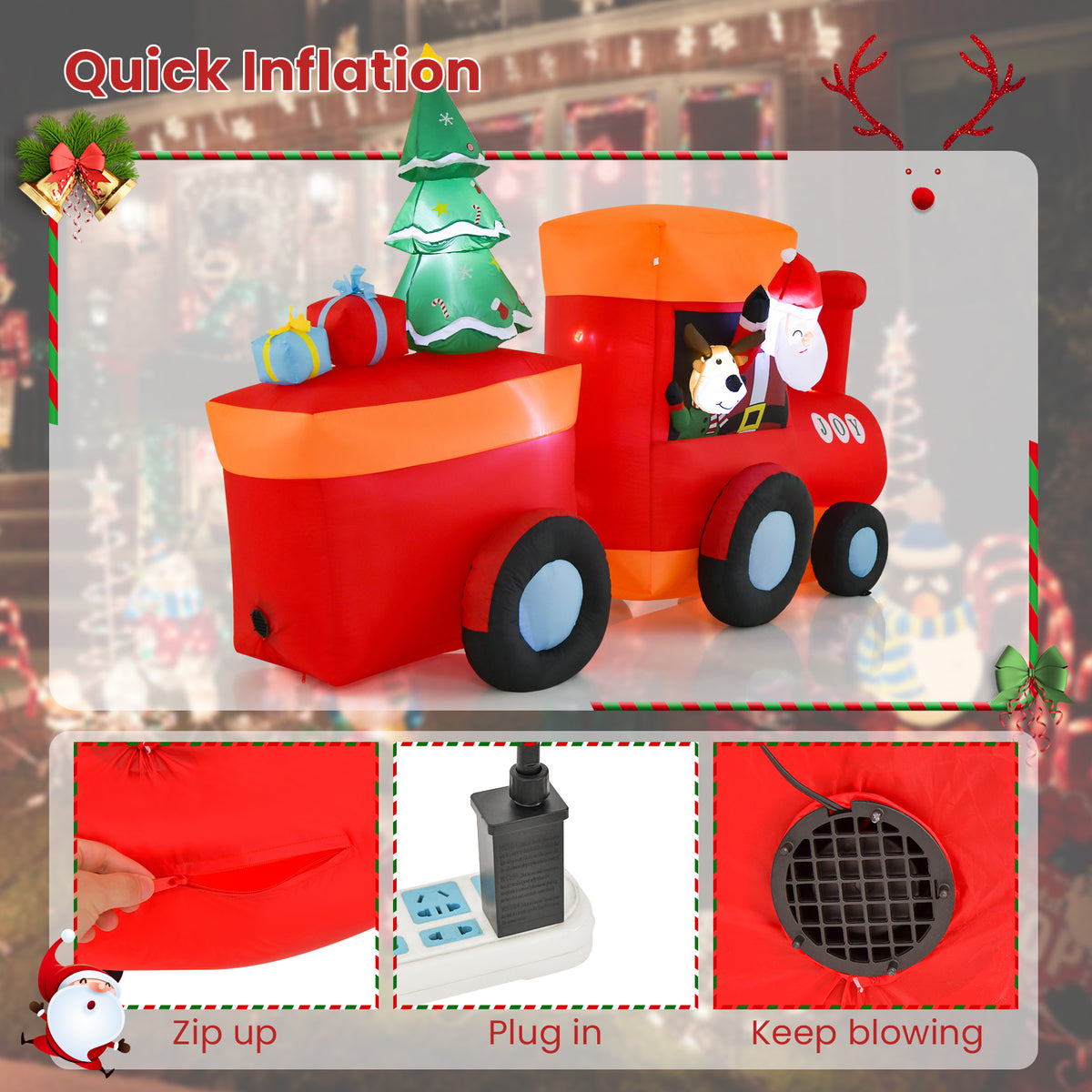 8.5FT Christmas Inflatable Train Decoration, Lighted Christmas Train with Santa Claus