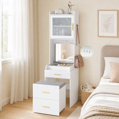 3-in-1 Vanity Desk with Flip Top Mirror, Hidden Rolling Chair, Charging Station