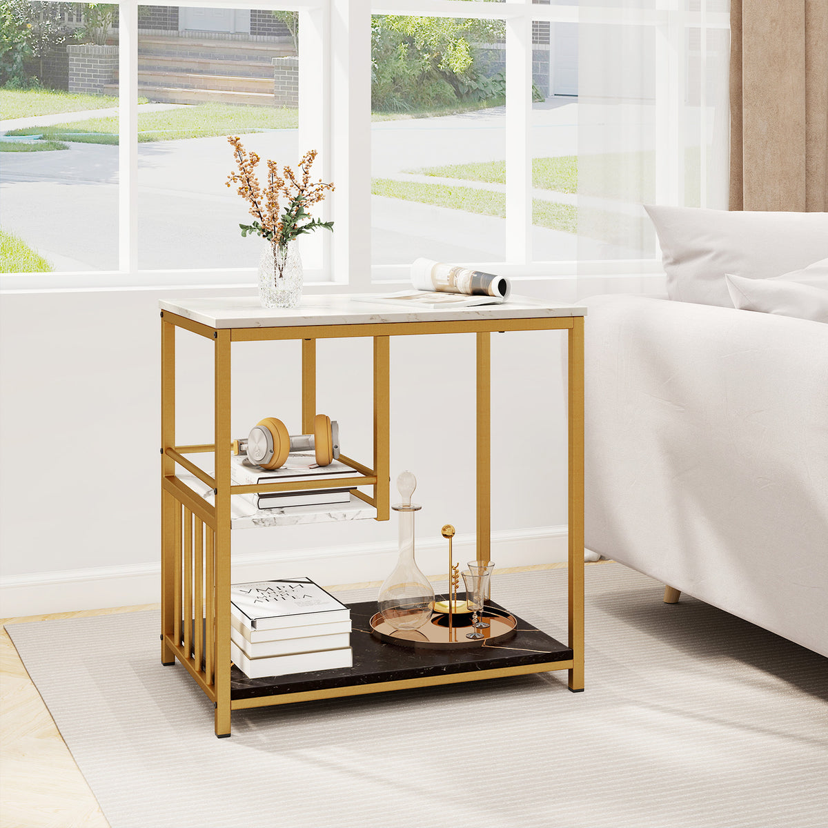 Faux Marble End Table, 3-Tier Sofa Side Table with Storage Shelves, Golden Polished Steel Frame