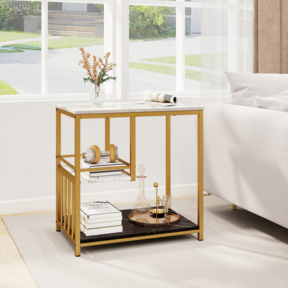 Faux Marble End Table, 3-Tier Sofa Side Table with Storage Shelves, Golden Polished Steel Frame
