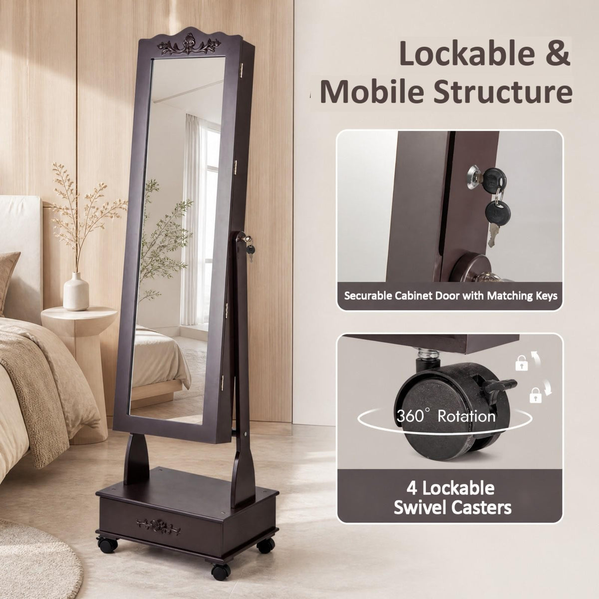 Jewelry Cabinet Armoire Freestanding, Lockable Jewelry Organizer with 3-position Adjustable Angle