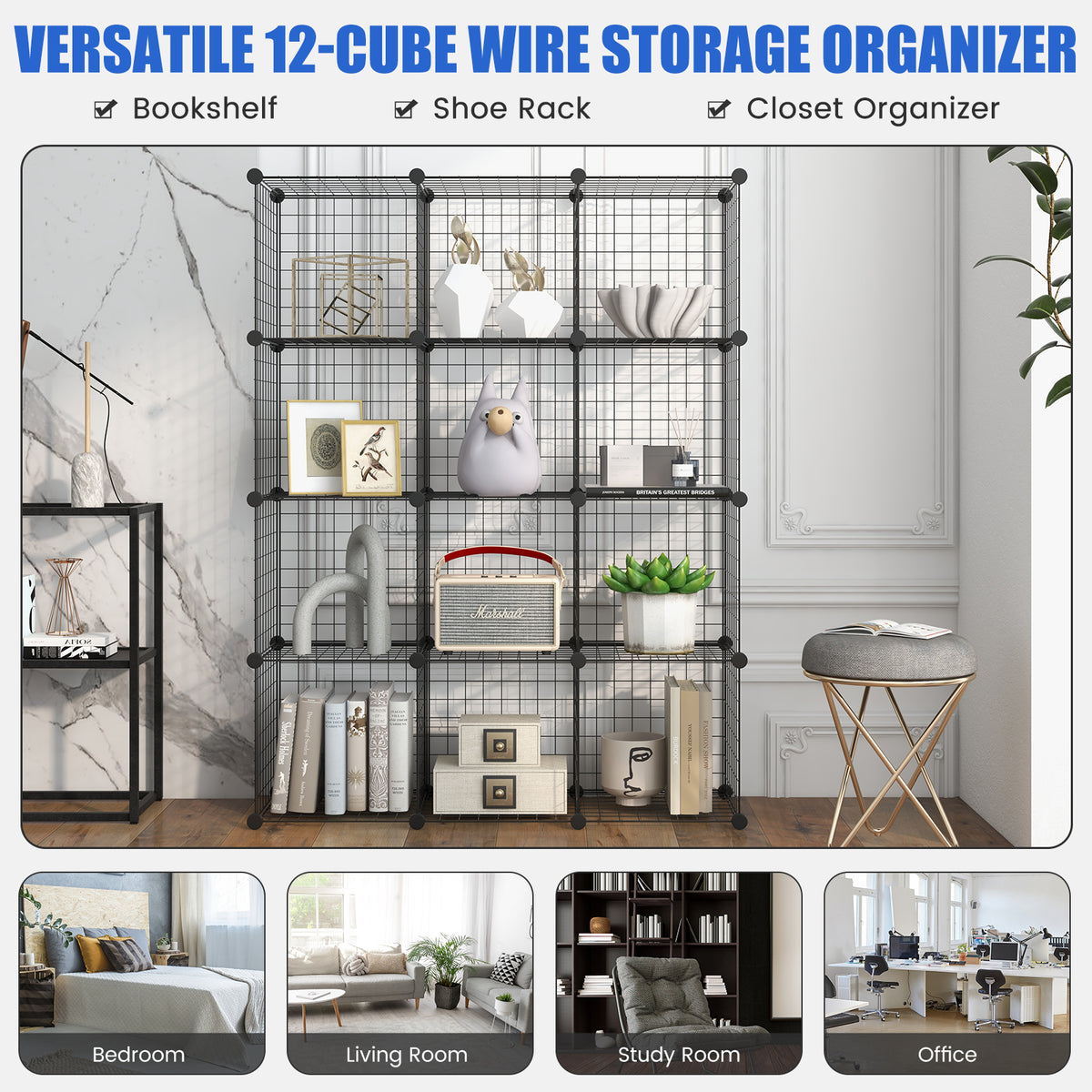 12 Wire Cubes Metal Freestanding Portable Modular DIY Bookcase, Storage Cabinet
