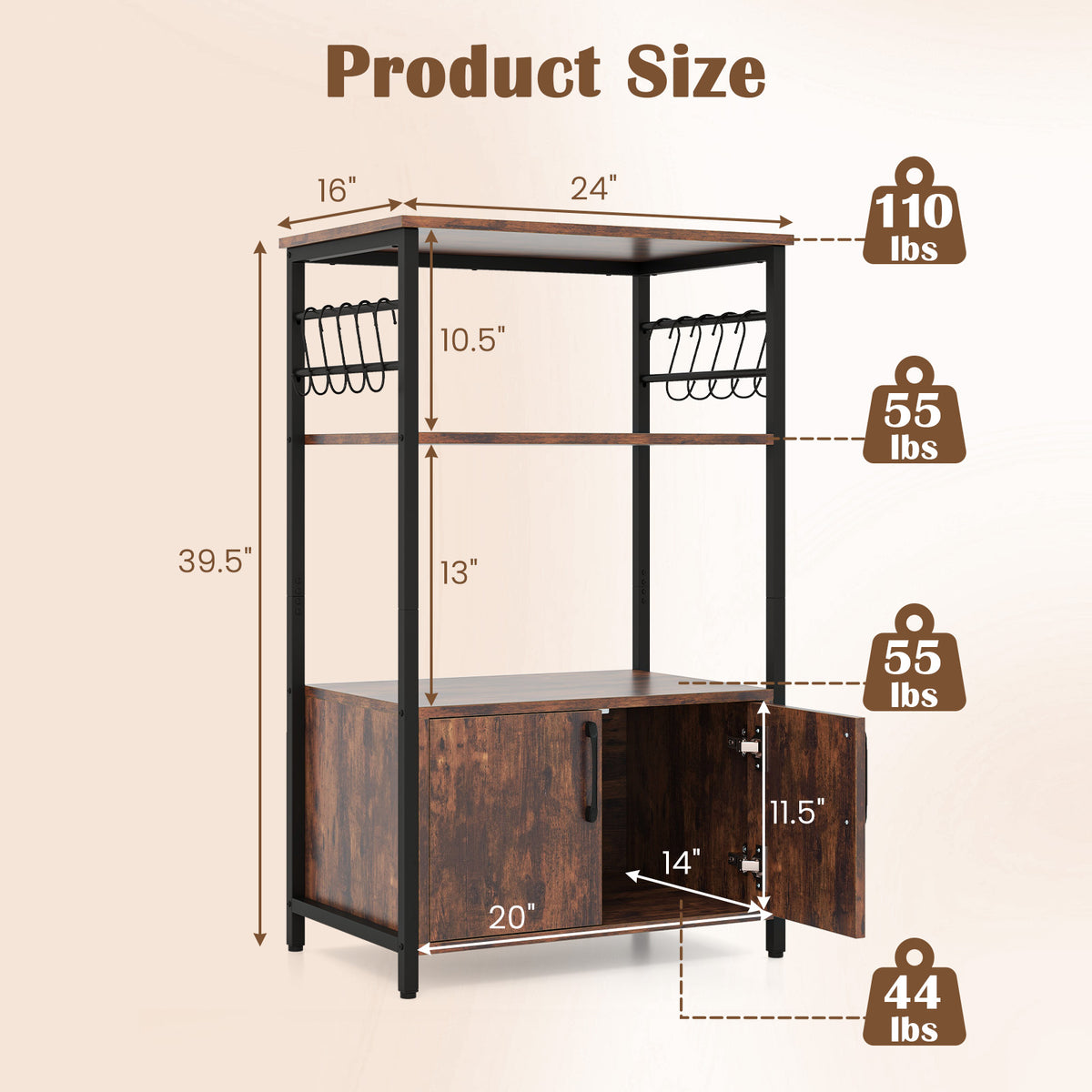 Kitchen Baker's Rack with Cabinet, 3-Tier Pantry Cabinet with 2 Open Shelves