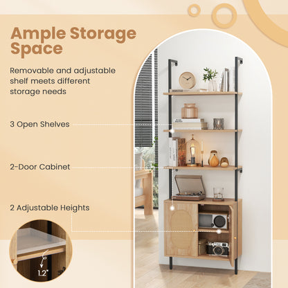 72.5'' Tall Bookshelf with Cabinet, 4-Tier Wall Mount Ladder Shelf with Rattan Cabinet