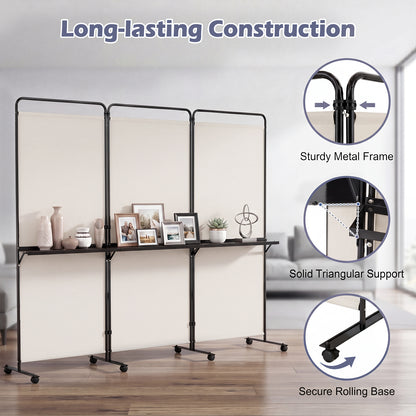 3 Panel Room Divider with Storage Shelves, 6FT Folding Privacy Screen with Lockable Wheels
