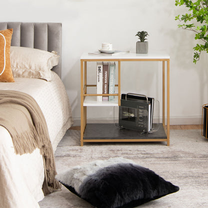Faux Marble End Table, 3-Tier Sofa Side Table with Storage Shelves, Golden Polished Steel Frame