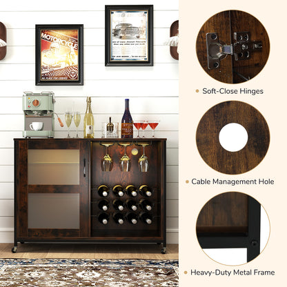 Wine Bar Cabinet with Wheels and LED Lights, Industrial Coffee Bar Cabinet for Liquor