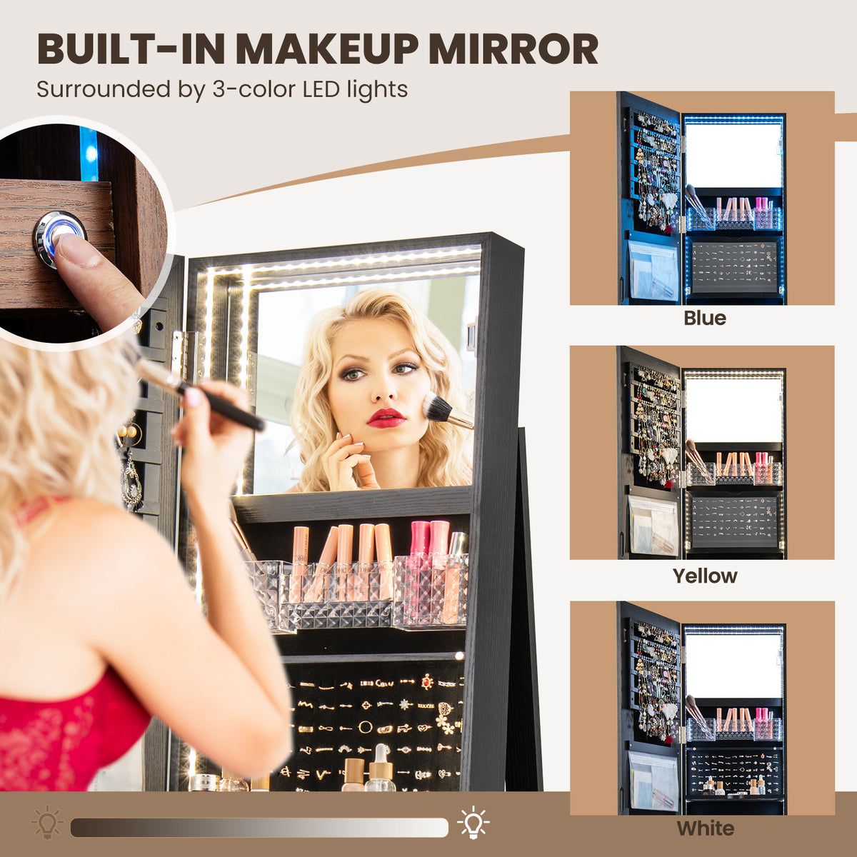 360° Swivel Jewelry Cabinet Armoire with Full Length Mirror, Standing Jewelry Storage Organizer with Rear Storage Shelves