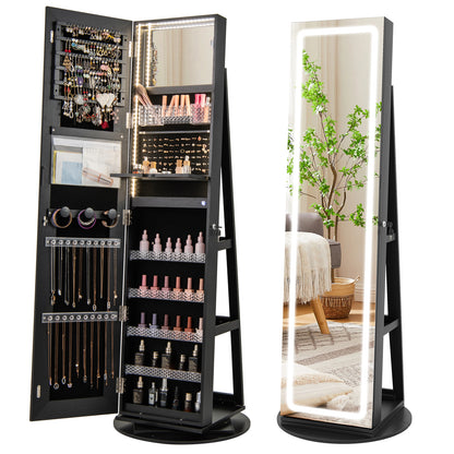 360° Swivel Jewelry Cabinet Armoire with Full Length Mirror, Standing Jewelry Storage Organizer with Rear Storage Shelves