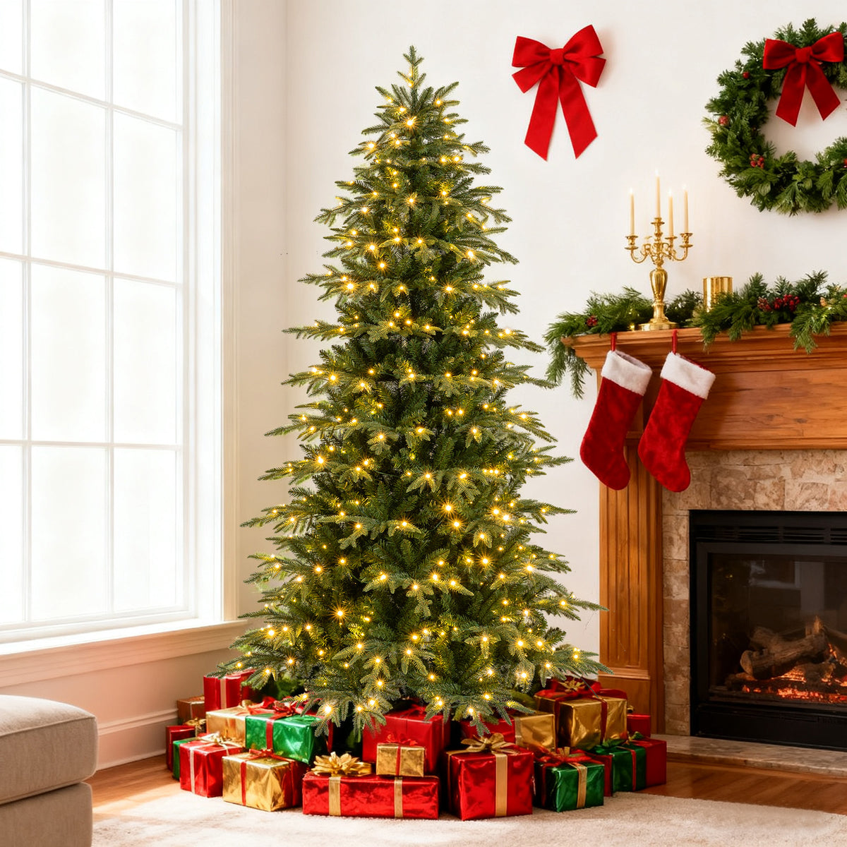 6FT/7.5FT/8FT Pre-lit Artificial Christmas Tree, Hinged Xmas Tree with 1195 Branch Tips
