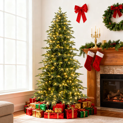 6FT/7.5FT/8FT Pre-lit Artificial Christmas Tree, Hinged Xmas Tree with 1195 Branch Tips
