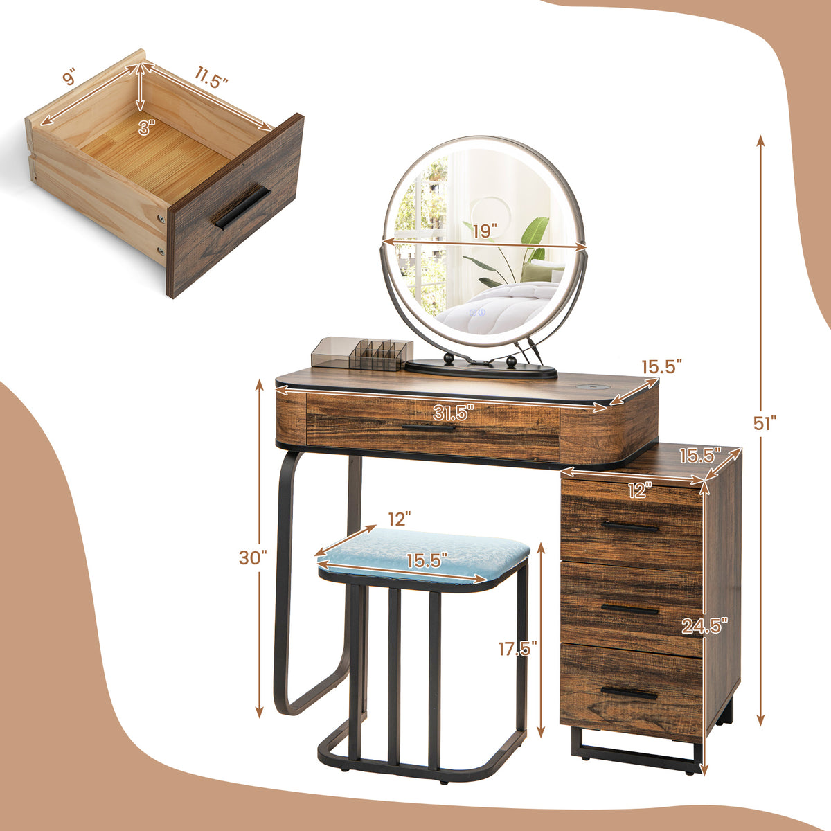 Vanity Table Set with 3-Color Lighted Swivel Touch Screen Mirror, Dressing Table Set with Human Body Induction