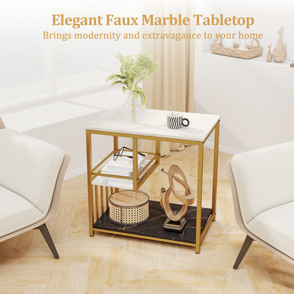 Faux Marble End Table, 3-Tier Sofa Side Table with Storage Shelves, Golden Polished Steel Frame