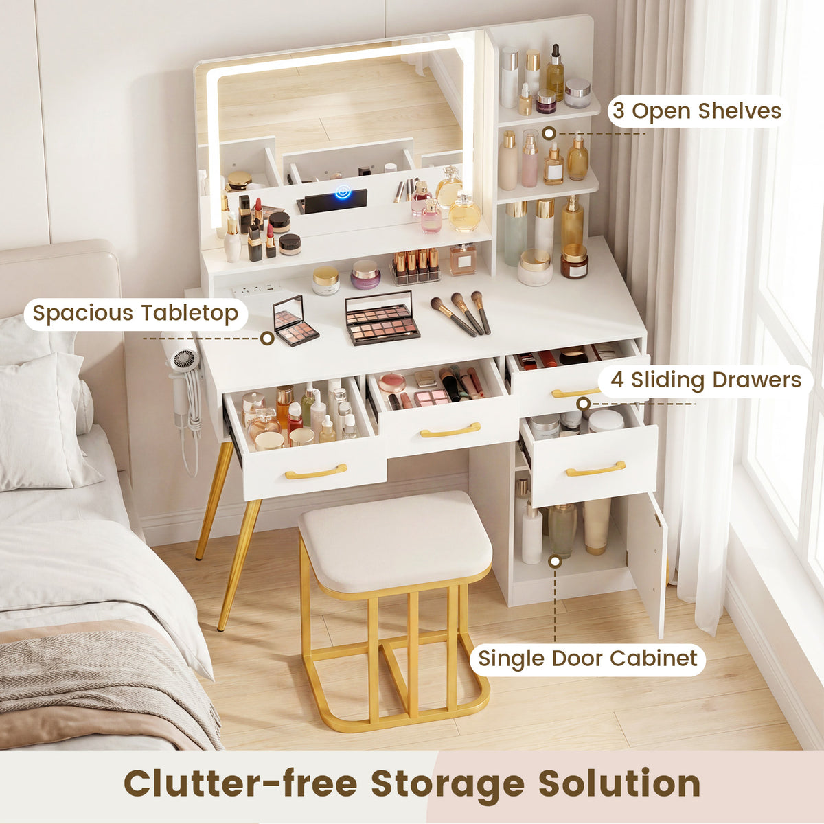 Vanity Desk with Mirror LED Light & Power Outlet, Modern Makeup Vanity Set with 3-Tier Shelves