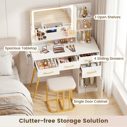 Vanity Desk with Mirror LED Light & Power Outlet, Modern Makeup Vanity Set with 3-Tier Shelves