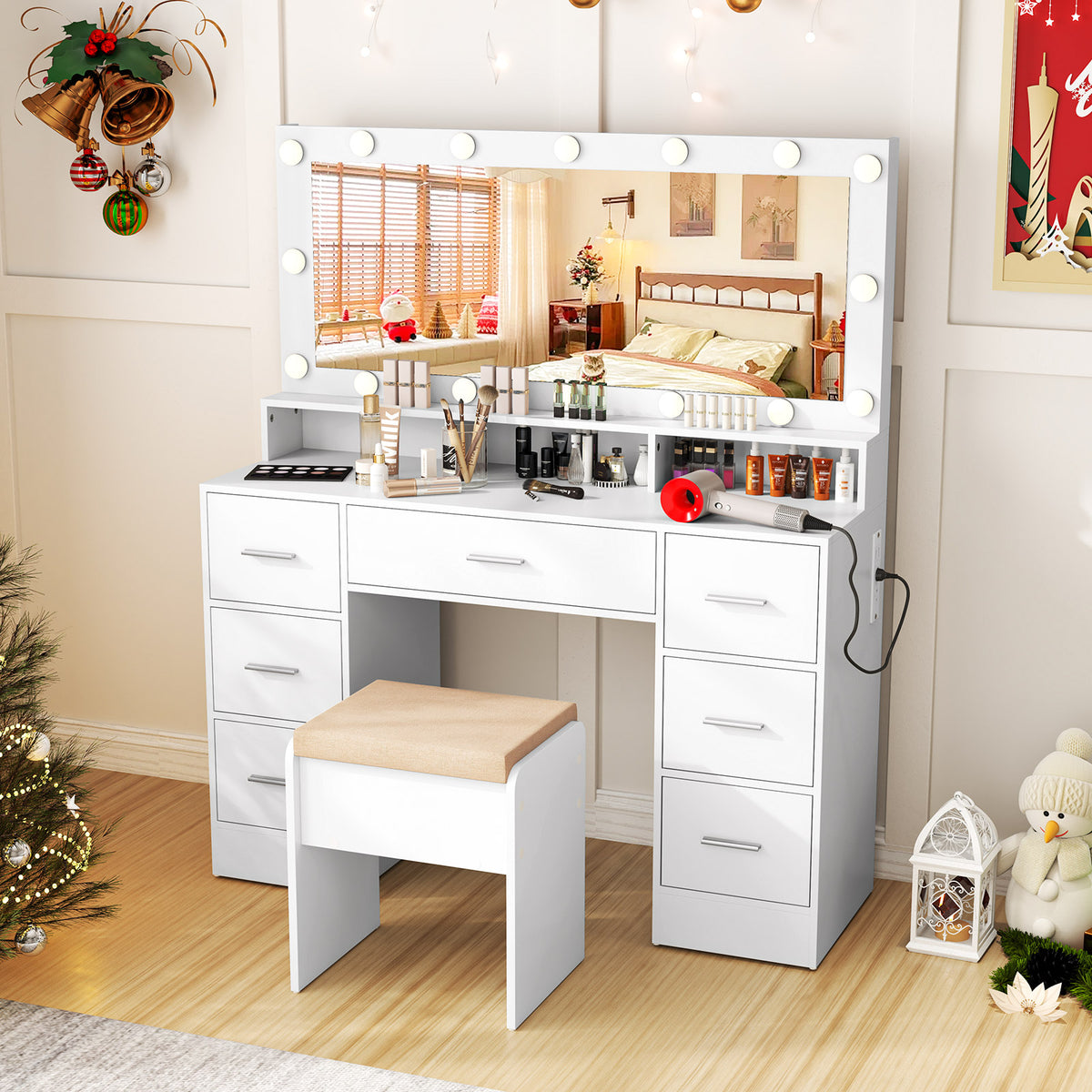 Makeup Vanity Set with Mirror and Lights, Large Dressing Table Set with Charging Station