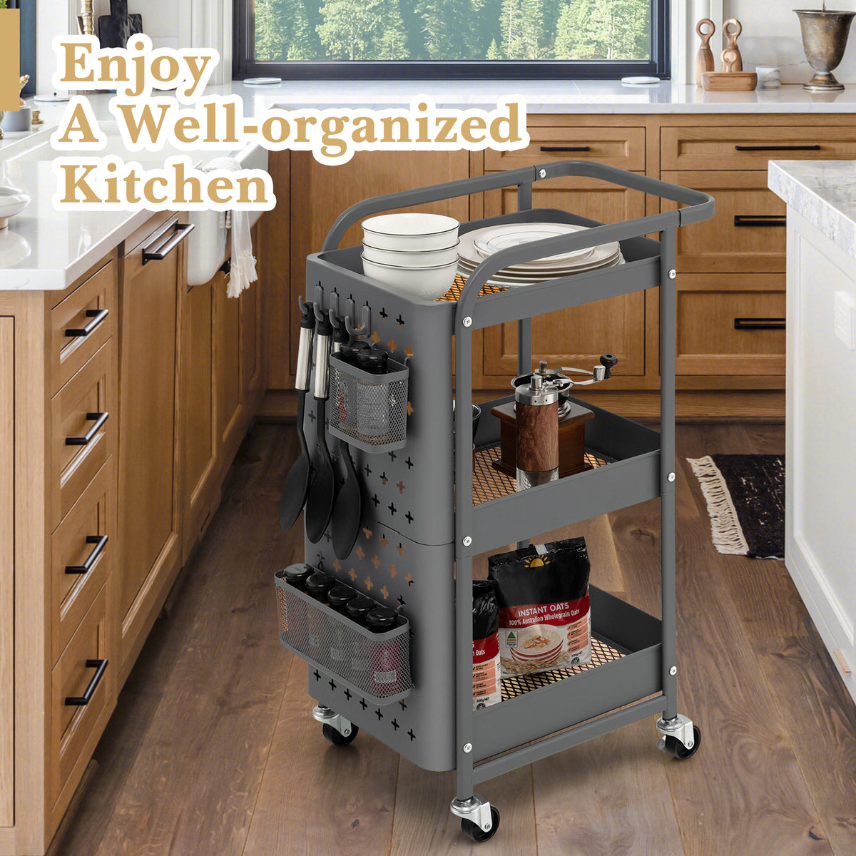 3-Tier Rolling Storage Cart with DIY Dual Pegboards, 2 Baskets, 4 Removable Hooks